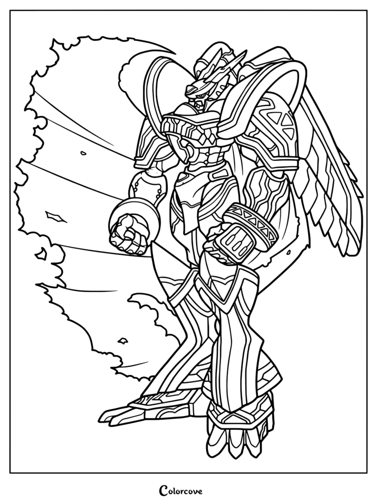 Página para colorear de Alphamon de Digimon con Alphamon en una poderosa postura de pie con elementos dinámicos de fondo.