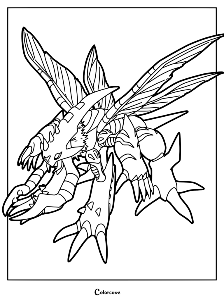 Página para colorear detallada de Digimon con GranKuwagamon con grandes alas y poderosas garras.