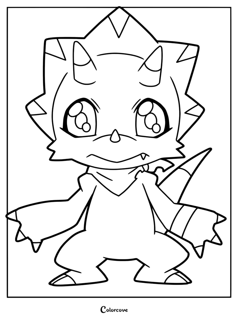 Página para colorear del Digimon Gammamon mostrando al personaje de pie con una expresión decidida.