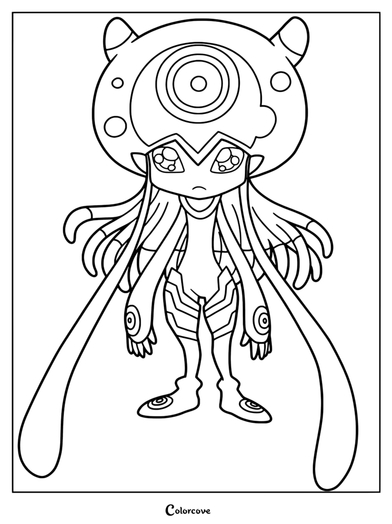 Página para colorear de Jellymon de Digimon con el personaje de pie luciendo sus largos tentáculos.