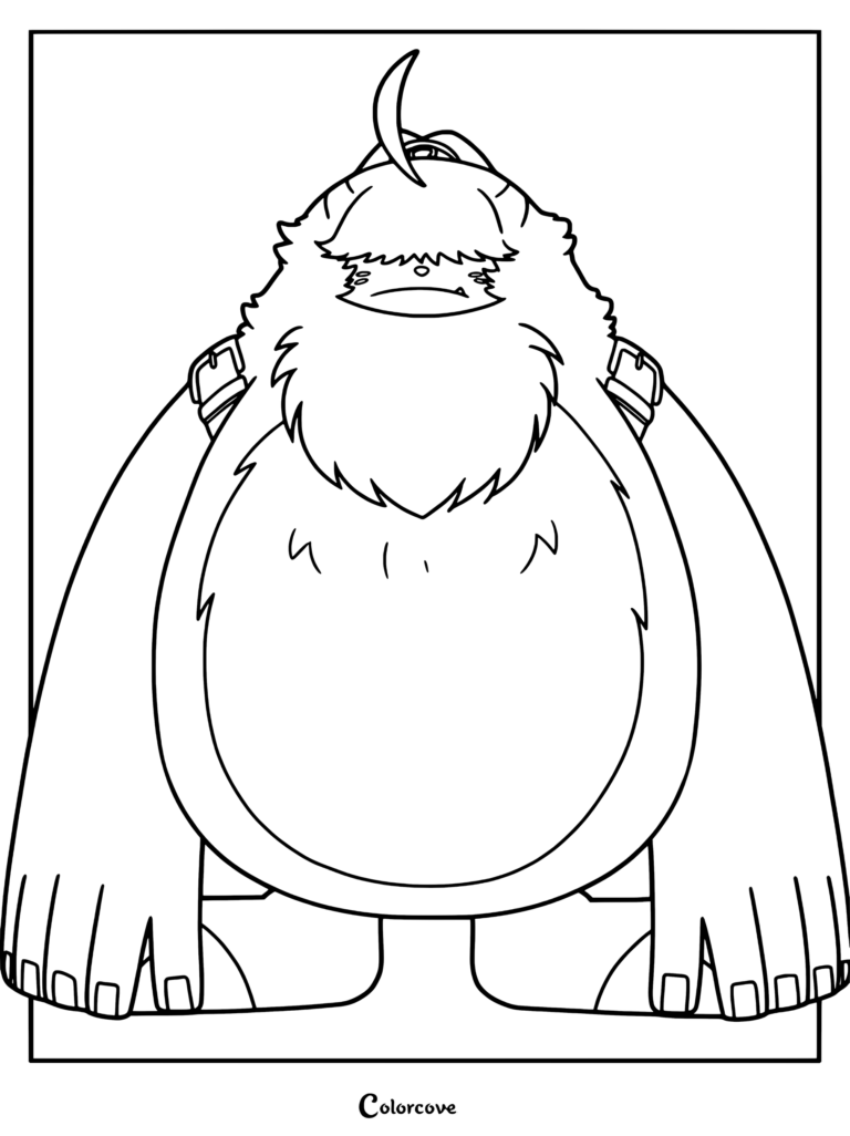 Página para colorear de Angoramon mostrando a la gran criatura afelpada de Digimon con orejas enormes y manos con garras.