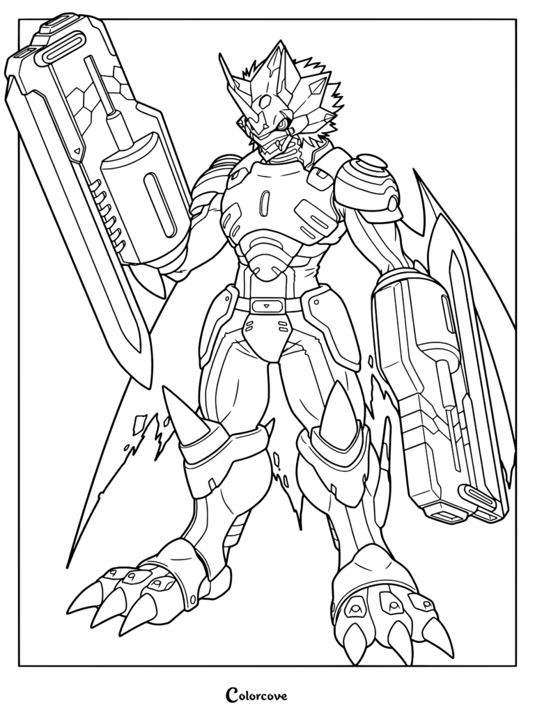Página para colorear de Siriusmon con el personaje Digimon en una detallada pose de acción armado con sus armas.