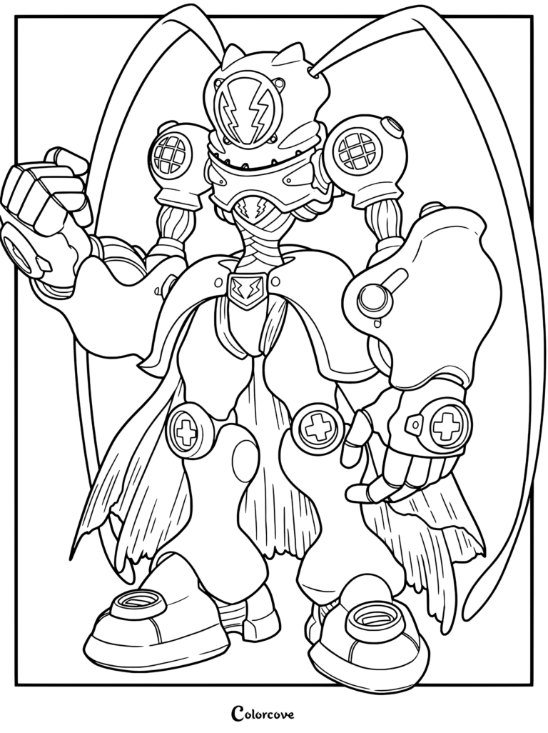 Detallada página para colorear de Amphimon de Digimon en una poderosa postura con elaborados detalles en su armadura.