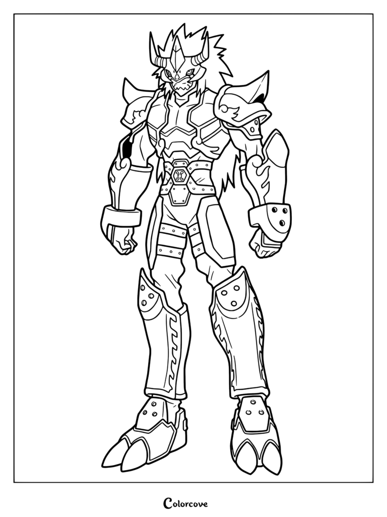 Página para colorear de Agunimon con el personaje de Digimon acorazado en una postura dinámica de pie con cabello puntiagudo y cuerno.