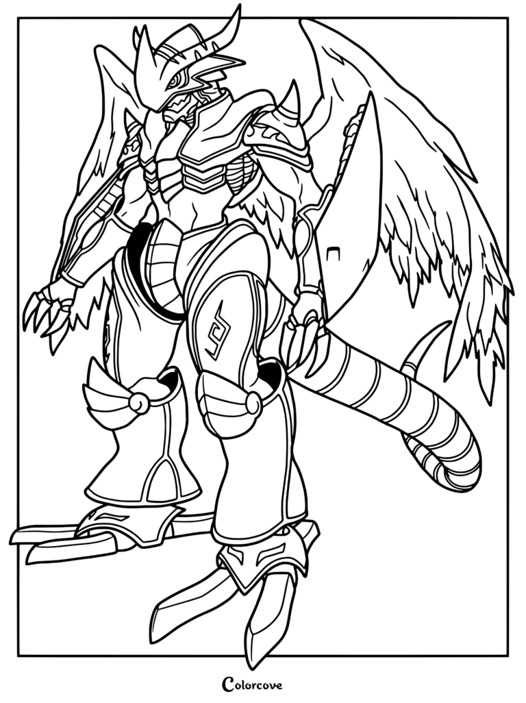 Página para colorear de BurningGreymon con el personaje de Digimon acorazado de pie con alas y cola.