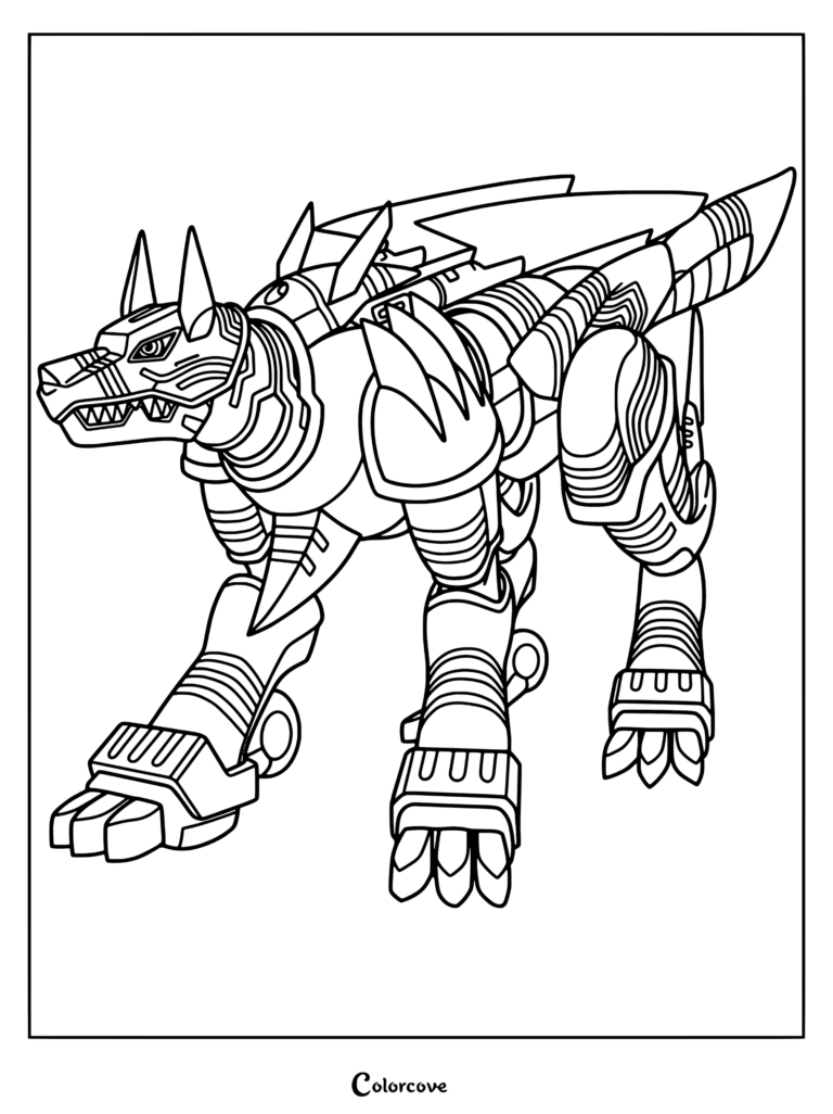 Página para colorear del Digimon KendoGarurumon que muestra a la bestia robótica en una postura poderosa.