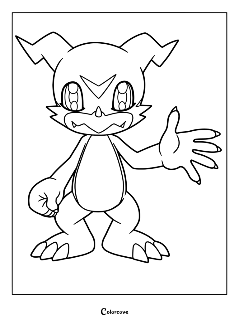Página para colorear de Veemon de Digimon con la amigable criatura saludando con su mano derecha.