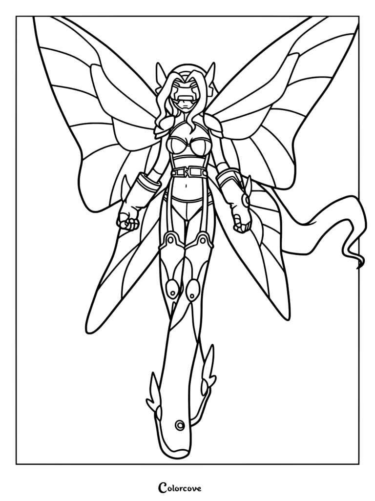 Página para colorear de Kazemon con el personaje de Digimon con grandes alas y botas acorazadas.