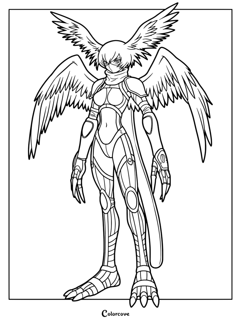 Página para colorear detallada de Zephyrmon de Digimon de pie con las alas emplumadas extendidas y patas con garras.