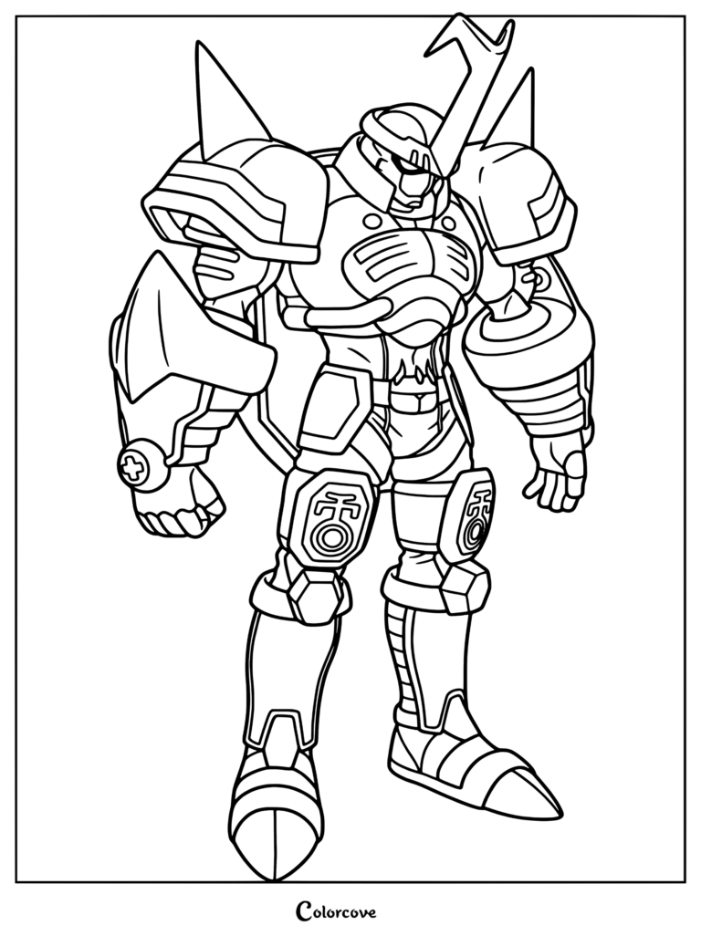 Página para colorear de Beetlemon con el Digimon acorazado de pie a cuerpo entero.