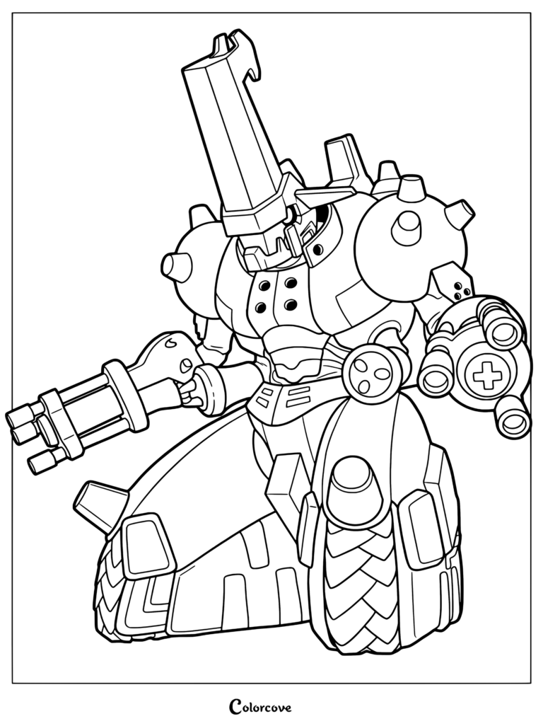 Página para colorear de MetalKabuterimon con el personaje de Digimon en postura de batalla arrodillada con detalles cibernéticos fuertemente acorazados.