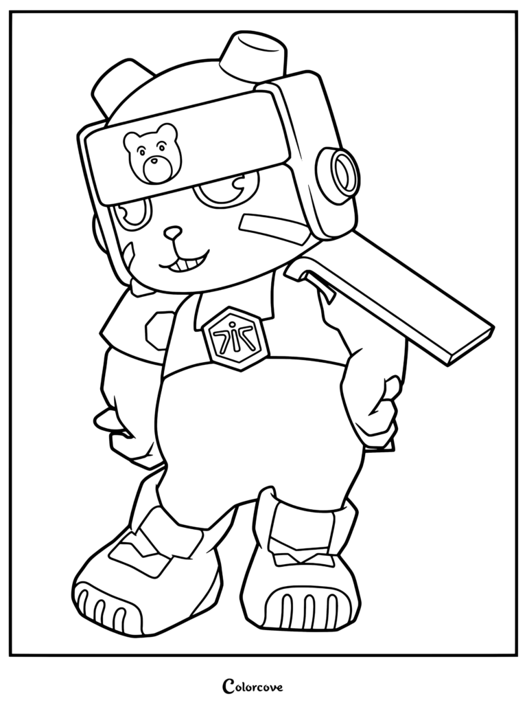 Página para colorear de Kumamon con el personaje de Digimon con un casco grande y botas.