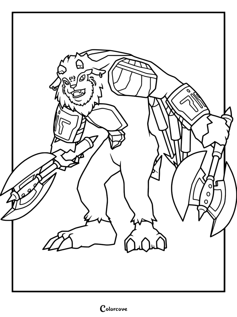 Página para colorear de Korikakumon que muestra al Digimon bestia con armadura empuñando dos hachas de batalla gigantes de doble hoja.