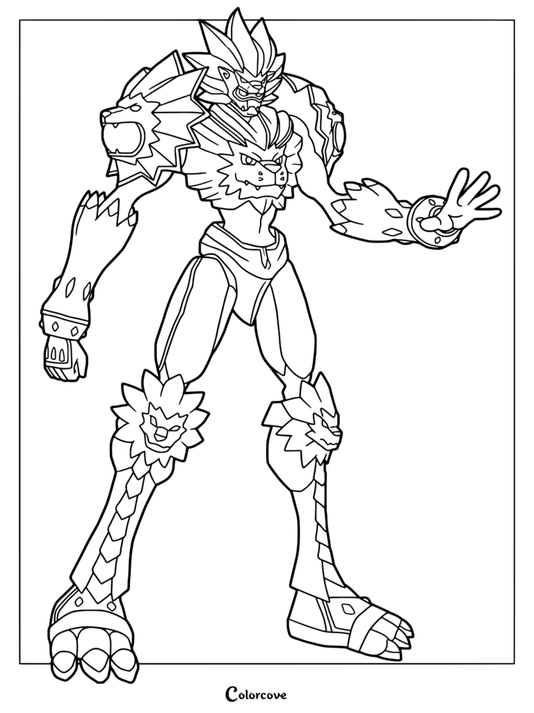 Página para colorear detallada de Loweemon de Digimon con motivos de leones acorazados en hombros, rodillas y guanteletes.