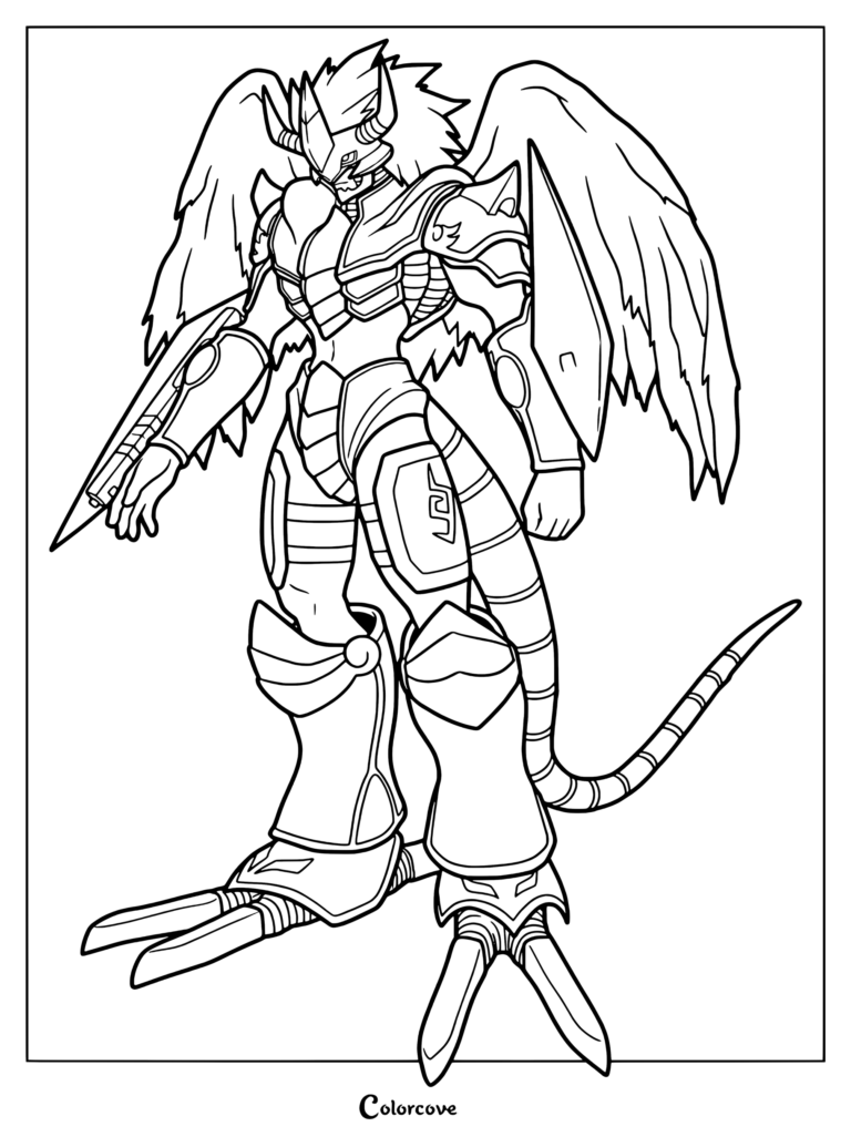 Página para colorear de Aldamon que muestra al poderoso personaje de Digimon de pie con armadura detallada y alas emplumadas.