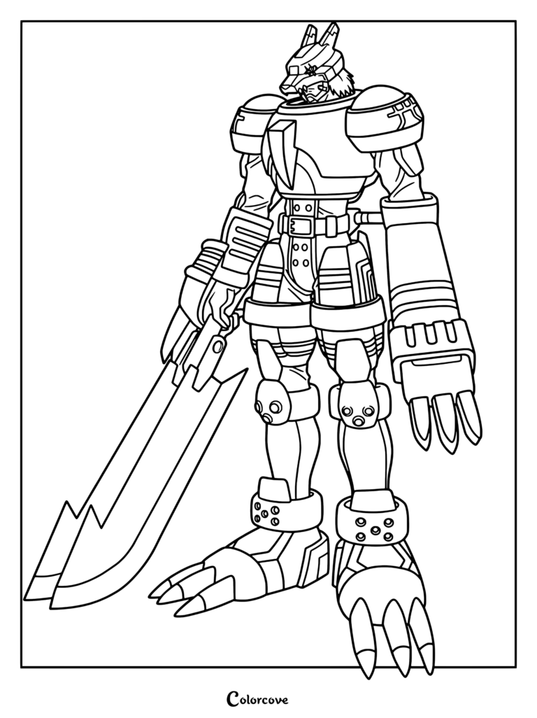 Página para colorear de Beowolfmon con el Digimon acorazado sosteniendo dos espadas gigantes.