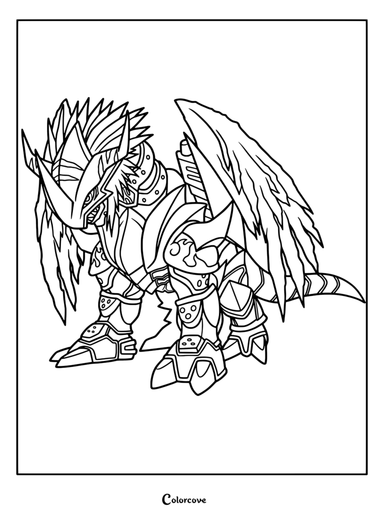 Página para colorear de AncientGreymon con el Digimon acorazado con grandes alas y cresta puntiaguda.