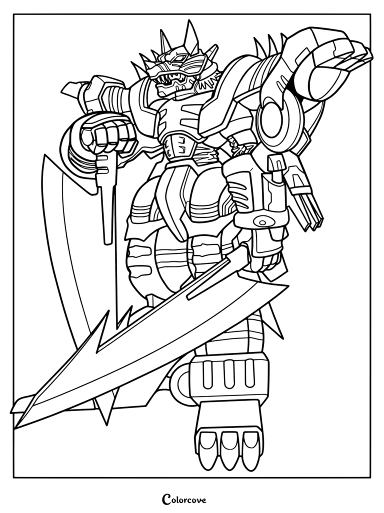 Página para colorear de AncientGarurumon con un poderoso guerrero acorazado empuñando una espada gigante y un escudo con garras de Digimon.