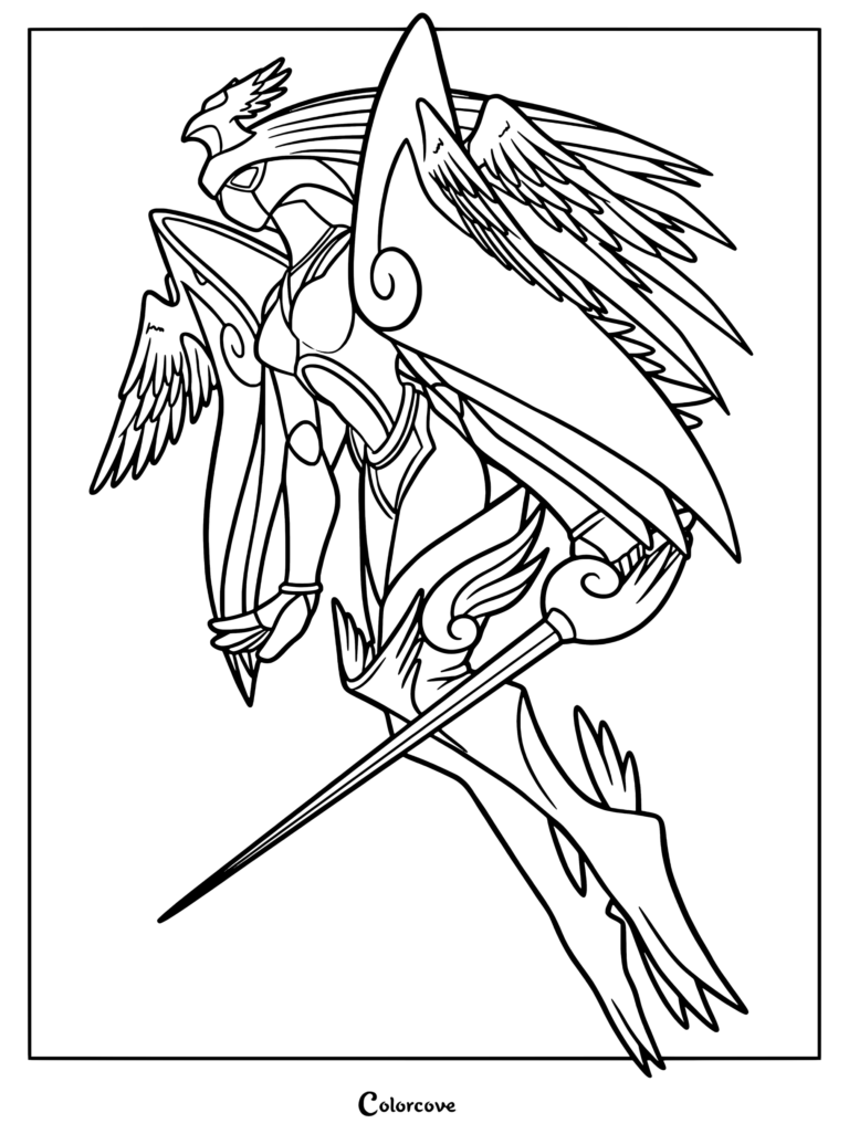 Página para colorear del Digimon AncientKazemon que muestra un trazado detallado del personaje guerrero con alas y una espada.