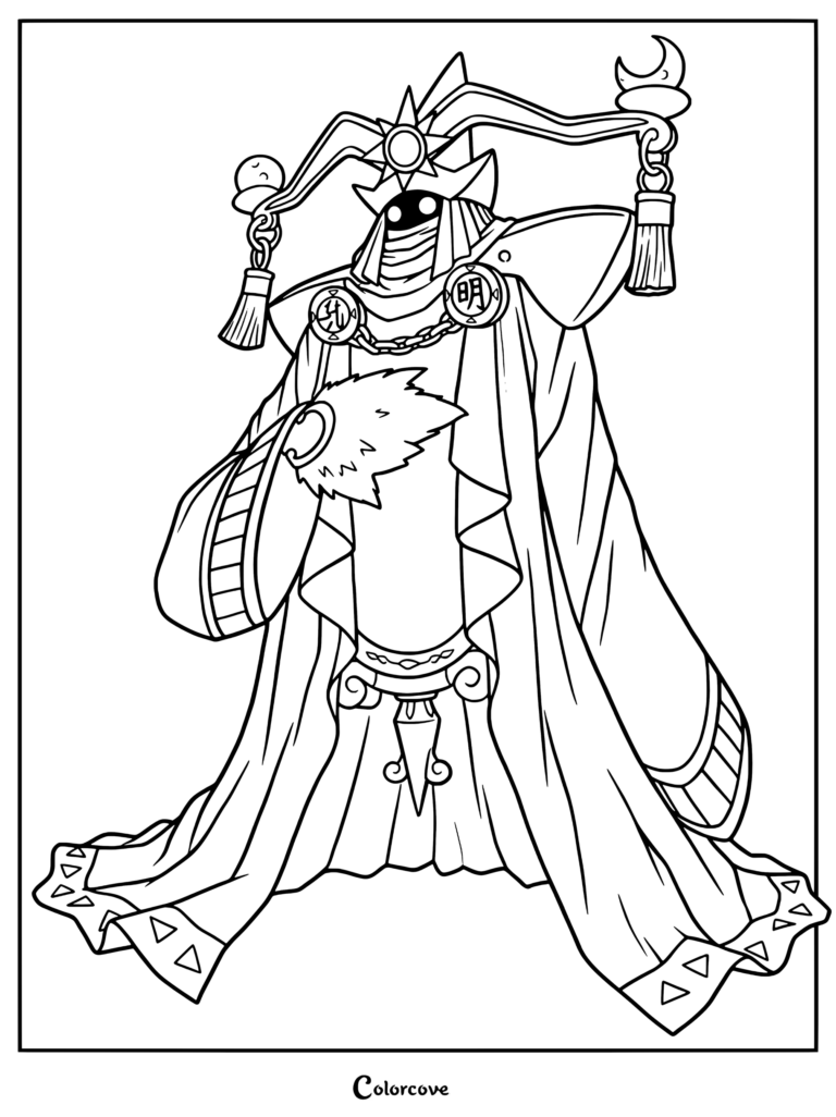 Página para colorear de AncientWisemon con el poderoso personaje de Digimon luciendo una túnica elaborada y un tocado.