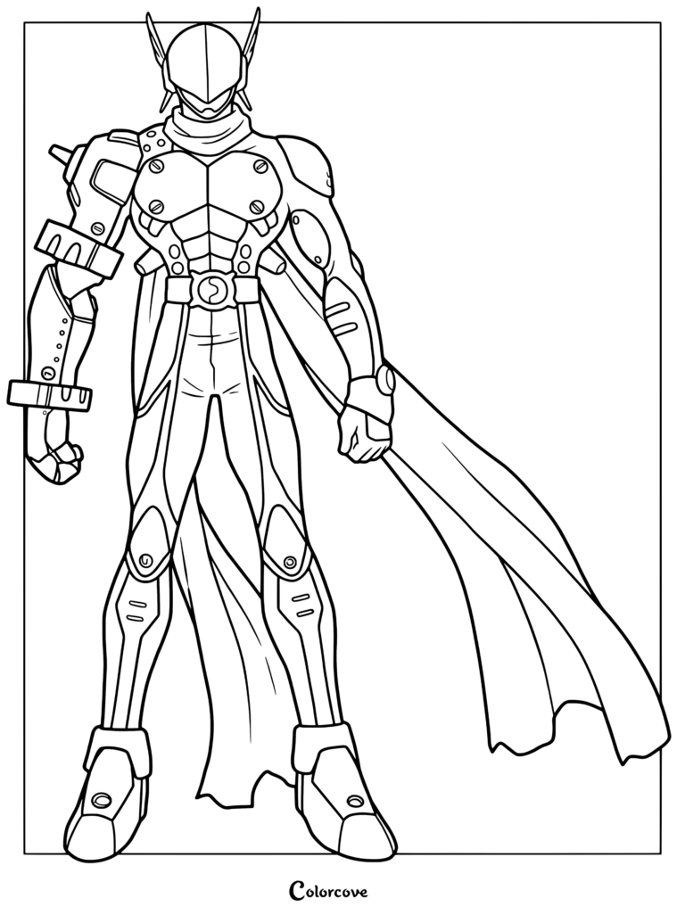 Página para colorear del Digimon Justimon con el héroe acorazado de pie con una capa al viento y un brazo derecho mecánico.