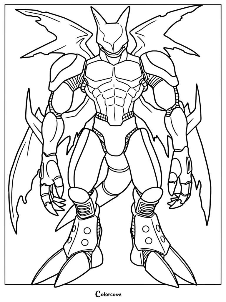 Página para colorear de Cyberdramon con el guerrero Digimon mecánico.