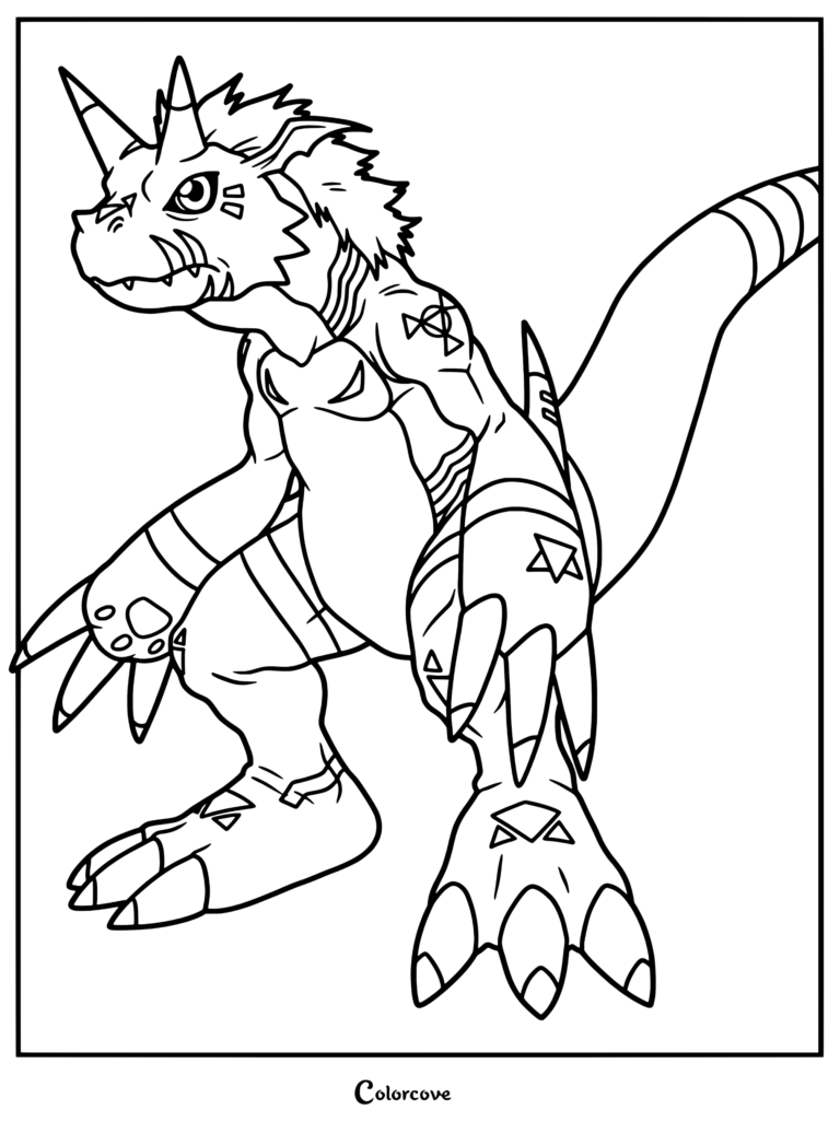 Una página para colorear detallada de Growlmon de Digimon en una postura poderosa de pie con cuernos y garras afiladas.