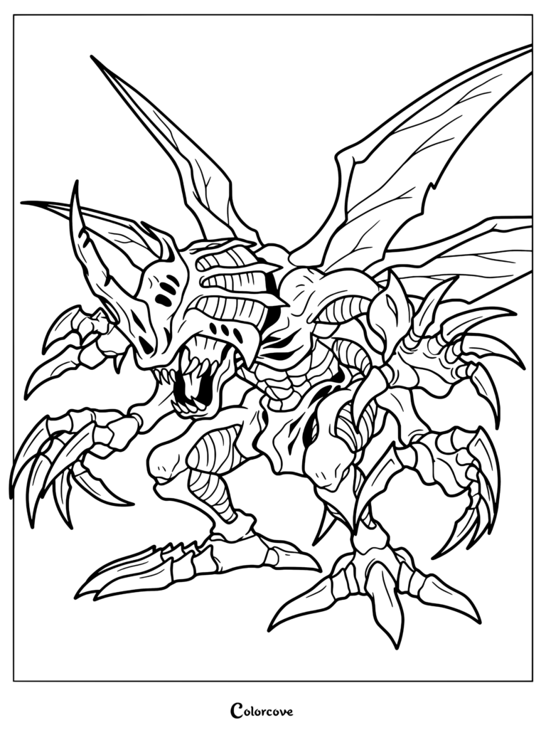 Detallada página para colorear de Digimon de Kabuterimon en una dinámica pose de combate con grandes alas de insecto y afiladas garras.