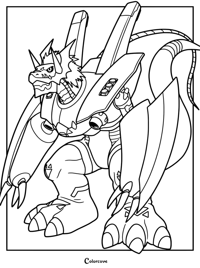 Página para colorear de WarGrowlmon con el Digimon cíborg en postura de combate con grandes cuchillas metálicas.