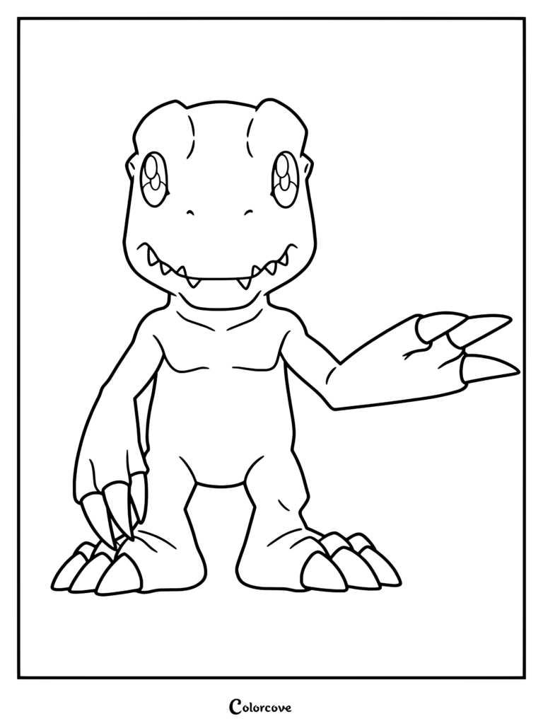 Página para colorear de Agumon de Digimon mostrando a la criatura tipo dinosaurio levantando su garra y sonriendo.