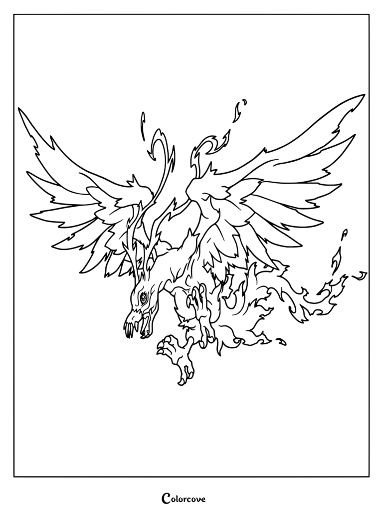 Página para colorear de Birdramon de Digimon mostrando a la gigante criatura ave con alas y cola de fuego.