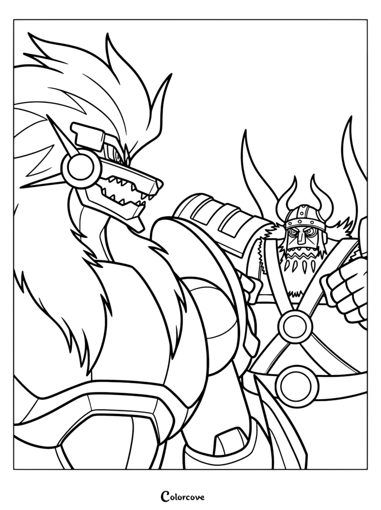 Página para colorear de Apollomon con personajes de Digimon en una escena de acción.