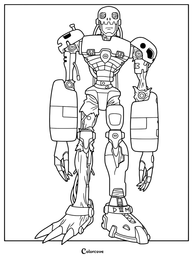 Página para colorear detallada de Andromon con el Digimon cíborg con partes mecánicas y cables expuestos.