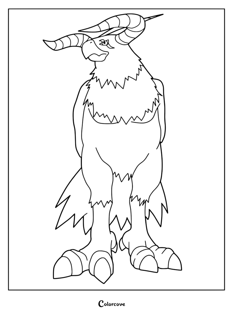 Página para colorear detallada del personaje de Digimon Aquilamon de pie con grandes cuernos y cuerpo plumoso.