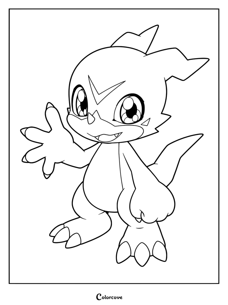 Página para colorear con ilustración digital de cuerpo completo del Digimon dragón azul Veemon saludando alegremente sobre un suave fondo brillante.