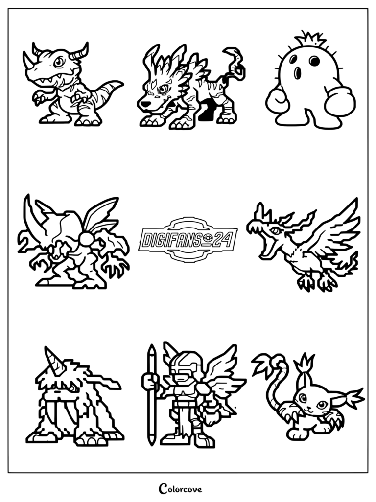 Página para colorear con una cuadrícula de sprites en pixel art que representan a varios personajes de Digimon en poses estáticas.