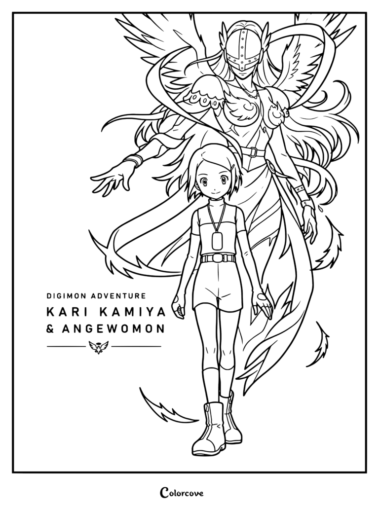 Página para colorear con ilustración hiperrealista de arte digital de Kari Yagami de Digimon Adventure de pie con orgullo junto a una etérea Angewomon brillante.
