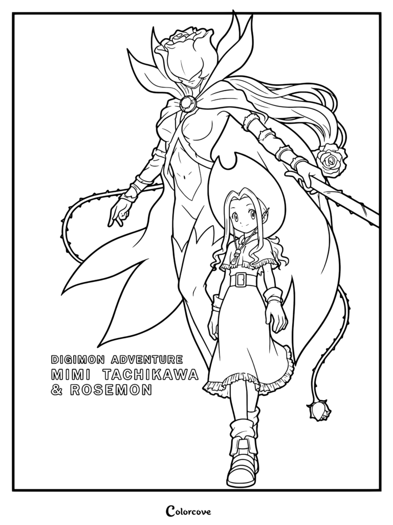 Una impactante ilustración digital en tonos oscuros de Mimi Tachikawa en primer plano con su brillante compañera Rosemon al fondo, página para colorear para fans de Digimon.