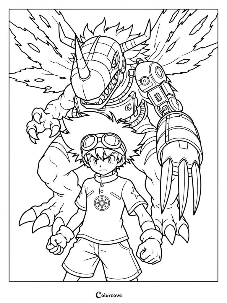 Página para colorear de Digimon con una ilustración digital estilo anime de Tai Kamiya en postura defensiva en el desierto con un MetalGreymon mecánico en posición protectora.