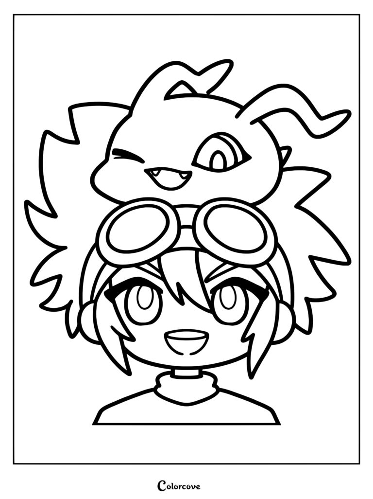 Página para colorear de Digimon con Tai Kamiya estilo chibi con Koromon sentado en su cabeza.