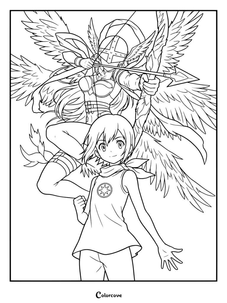 Arte digital de Kari Yagami parada con confianza en primer plano con Angewomon tensando un arco de luz al fondo, página para colorear de Digimon.