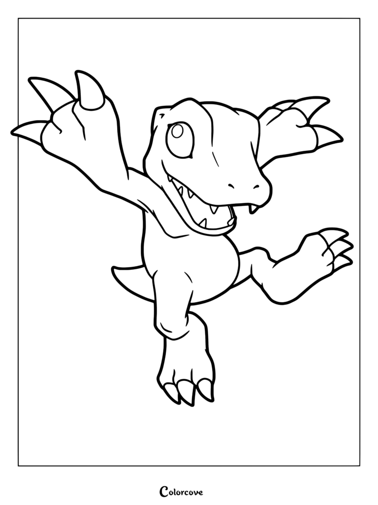 Página para colorear con ilustración digital del Digimon dinosaurio amarillo Agumon posando alegremente sobre un vibrante fondo azul.