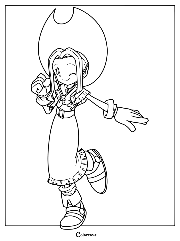 Ilustración digital de cuerpo entero para colorear de Mimi Tachikawa de Digimon luciendo su sombrero vaquero rosa y vestido rojo mientras posa alegremente.