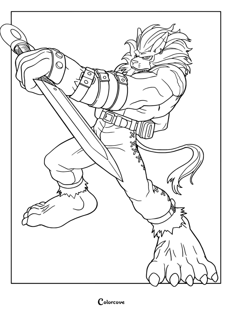 Página para colorear de Digimon con Leomon sosteniendo su espada Golpe del Rey de las Bestias en una dinámica ilustración estilo anime de cuerpo completo.