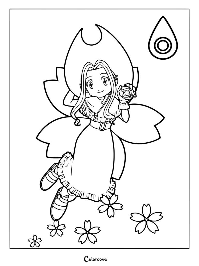 Página para colorear estilo arte digital de anime de Mimi Tachikawa de Digimon sosteniendo su Digivice verde.