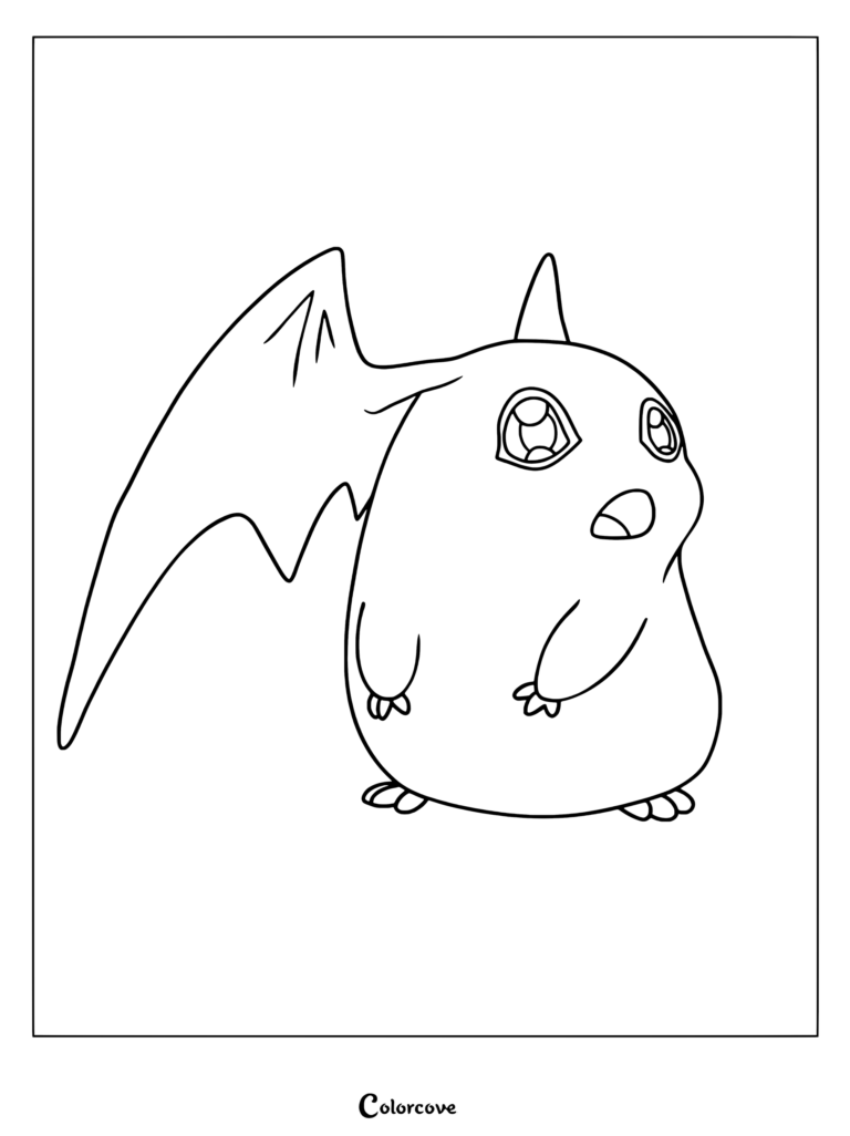 Patamon de pie en un tierno estilo animado con expresión sorprendida, página para colorear para fans de Digimon.