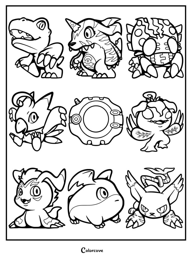 Página para colorear de Digimon con los principales compañeros Digimon de nivel Principiante de la temporada 1 y un Digivice, incluidos Agumon, Gabumon, Tentomon, Biyomon, Palmon, Gomamon, Patamon y Gatomon.