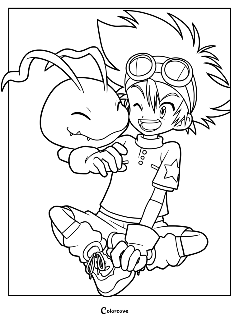 Página para colorear imprimible con Tai Kamiya (Taichi Yagami) y su compañero Digimon en etapa Principiante, Koromon, de Digimon Adventure.