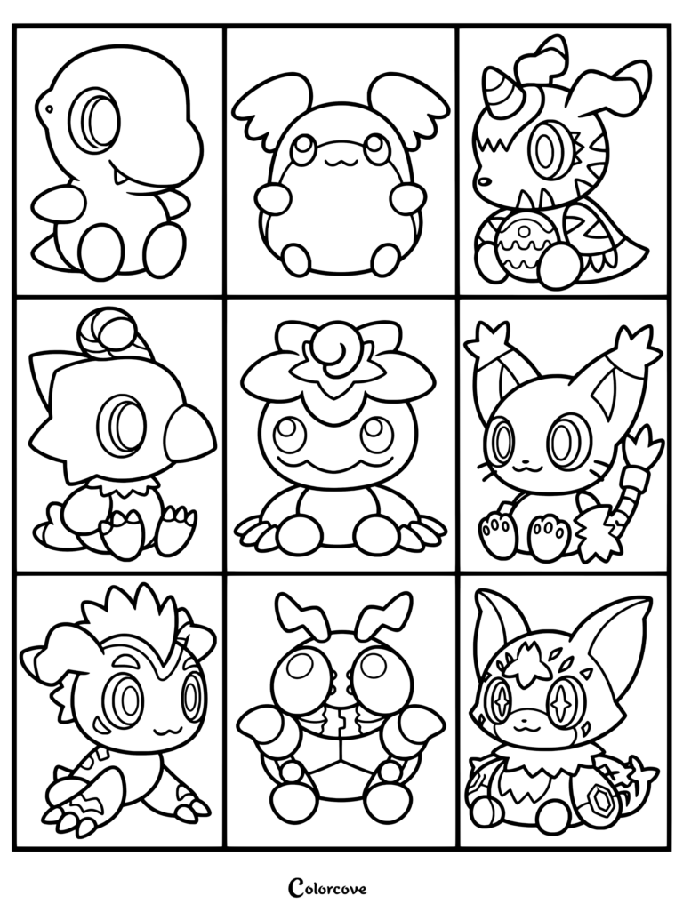 Página para colorear gratuita de Digimon que incluye una colección de nueve personajes estilo chibi: Agumon, Patamon, Gabumon, Biyomon, Palmon, Gatomon, Gomamon, Tentomon y Meicoonmon.