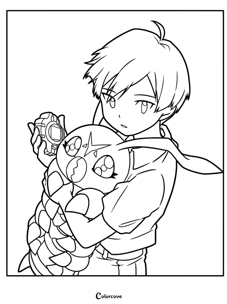 Página para colorear imprimible de Ken Ichijouji sosteniendo a su compañero Wormmon y su Digivice D-3, de Digimon Adventure 02.